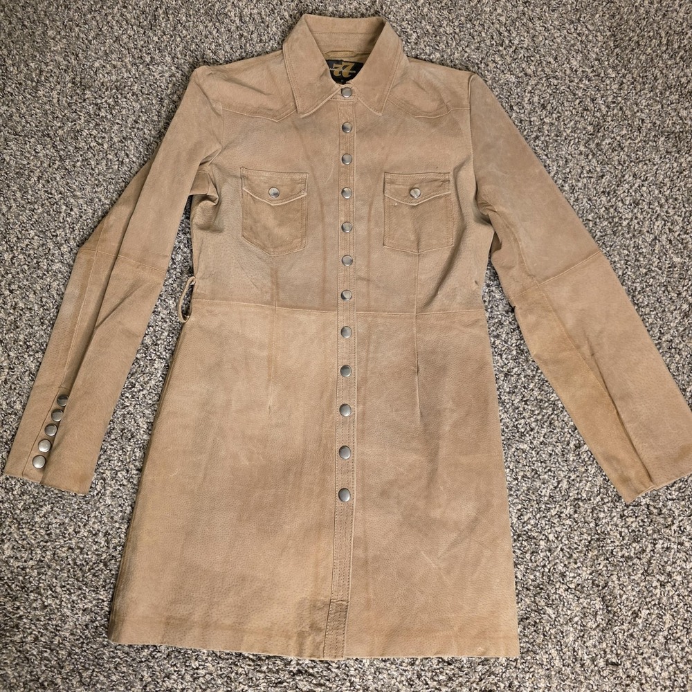Seventy Seven Coat Womens Medium Beige Leather Snap Front Western Longline